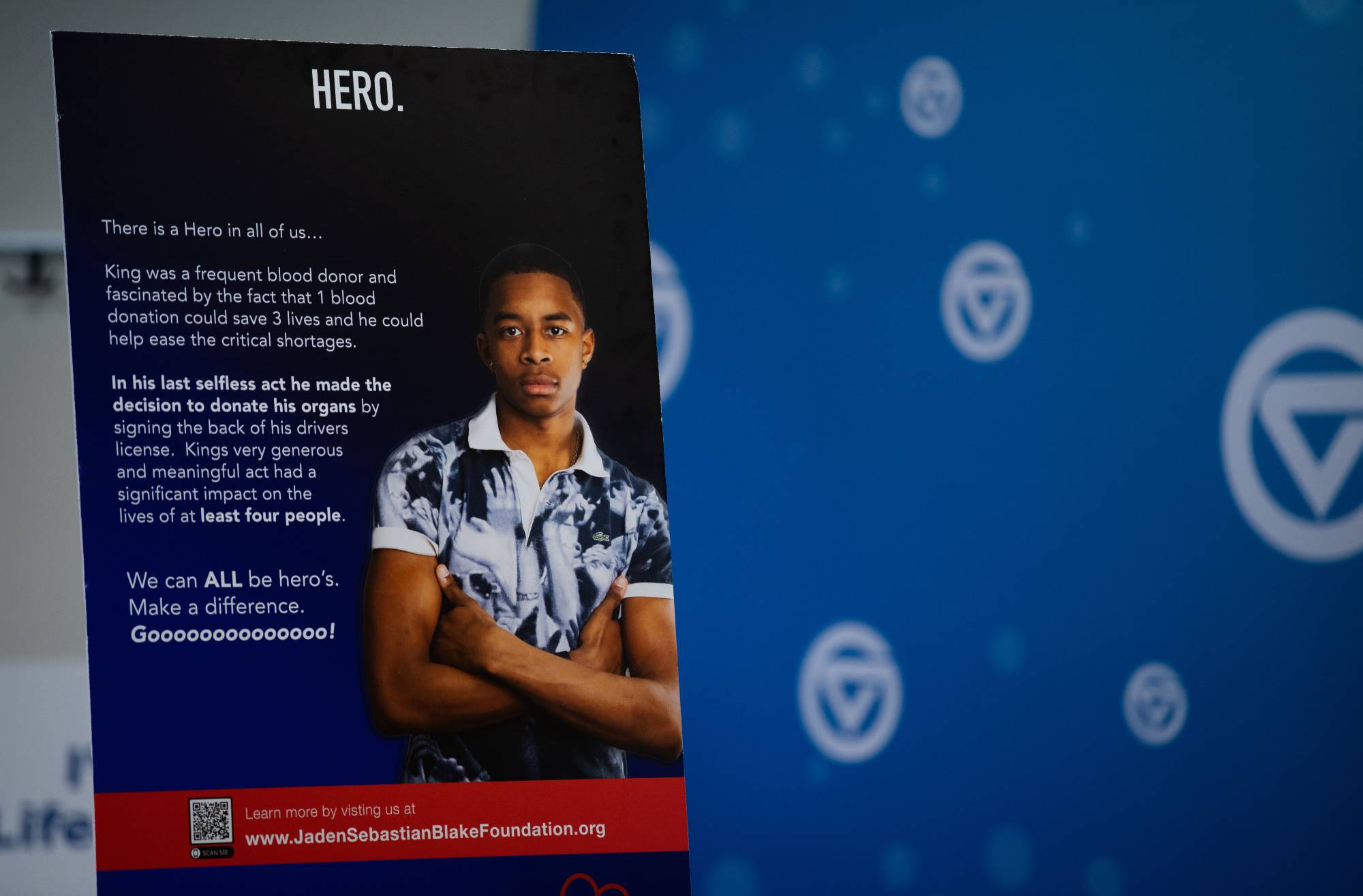 Foam display with information about the Jaden Blake Memorial Blood Drive